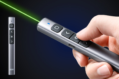 視認性の高いグリーンレーザーで、PowerPoint操作にも対応！スリムなアルミボディのレーザーポインター